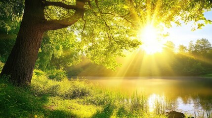 Sunlight filtering through lush green trees over a serene lake creating a tranquil summer landscape in nature outdoors