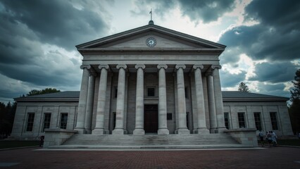 Obraz premium Dramatic courthouse exterior featuring towering stone columns and grand architecture, symbolizing justice, authority, and the importance of legal proceedings in society.
