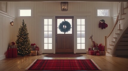 Festive entryway with Christmas tree, gifts, and wreath.