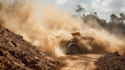 Obraz premium Dusty Excavation Scene with Mining Equipment