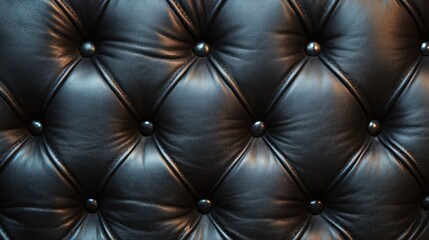 Fototapeta premium Elegant black leather upholstery with tufted design and glossy finish, perfect for interior decor or furniture background applications.