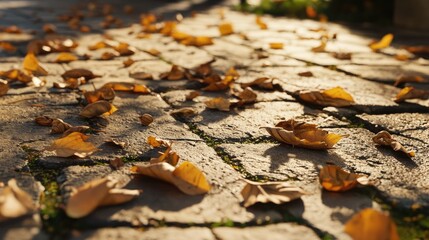 Autumn leaves scattered on cobblestone pavement creating a warm seasonal atmosphere and texture in urban landscape.