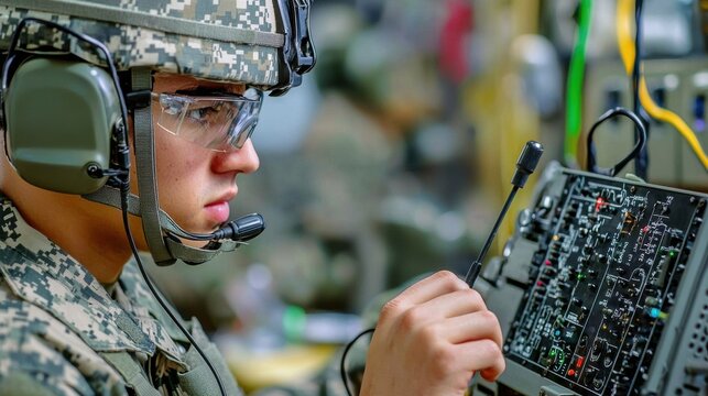 Military Soldier Using Advanced Communication and Tactical Equipment During Field Training Exercise