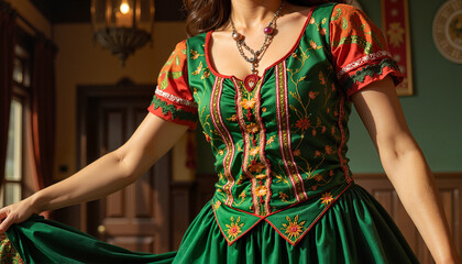Naklejka premium Young woman, joyful mood, showcasing traditional Irish dance costume, indoors with copy space