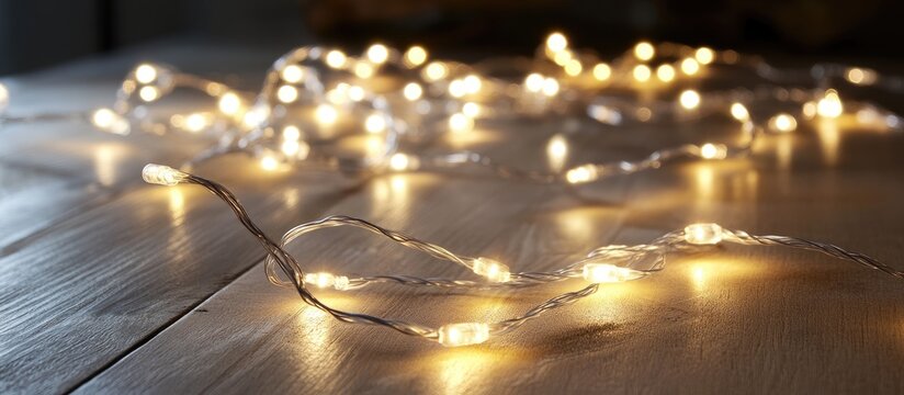 Warm glowing LED Christmas lights elegantly draped over a rustic wooden surface creating a cozy holiday atmosphere.