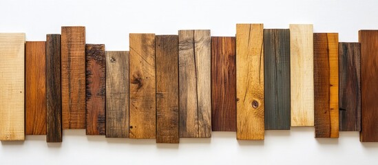 Natural hardwood flooring planks in various shades arranged on a clean white background ideal for interior design and decor inspiration