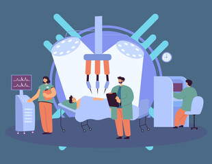 Surgery on cartoon patient using robotic equipment in hospital. Robot conducting surgical operation on man flat vector illustration. Health, technology concept for website design or landing web page