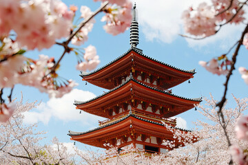 Fototapeta premium Traditional Japanese pagoda surrounded by cherry blossoms, symbolizing cultural heritage