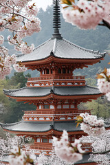Obraz premium Traditional Japanese pagoda surrounded by cherry blossoms, symbolizing cultural heritage