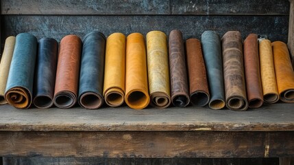 Colorful leather rolls neatly arranged on an antique wooden workbench showcasing craftsmanship and leatherworking materials for artisans.