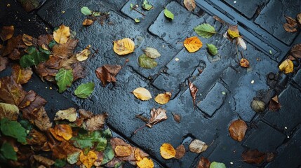 Colorful autumn leaves scattered on wet pavement in an urban setting showcasing the beauty of nature in city environments.