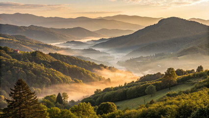Panoramic sunrise over a misty mountain range with a vibrant sky