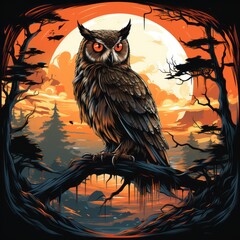Fototapeta premium owl on a branch at night By Generated AI