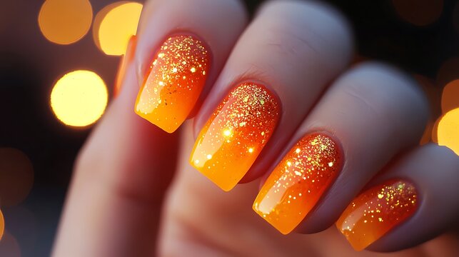 A hand with orange nails and gold glitter