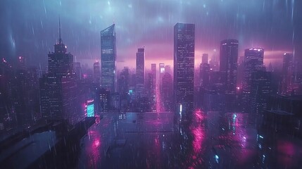Obraz premium Neon Cityscape Rain Futuristic Urban Nightscape