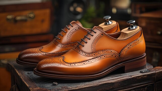 Premium leather shoes with elegant brogue detailing and high-quality shoe care accessories on a vintage wooden surface.