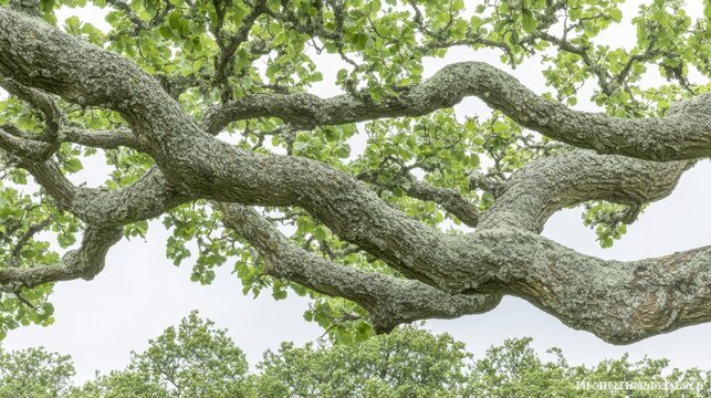 Low-angle close-up of thick, gnarled tree branches with green leaves and lichen.