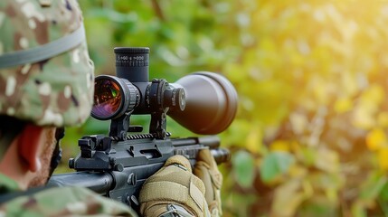 Obraz premium Camouflaged Soldier Aiming Sniper Rifle in Forested Environment
