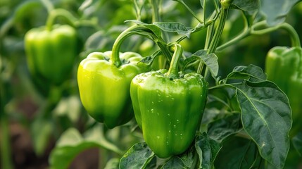 Green bell peppers growing in a lush agricultural field showcasing vibrant green foliage and healthy crops ready for harvest.