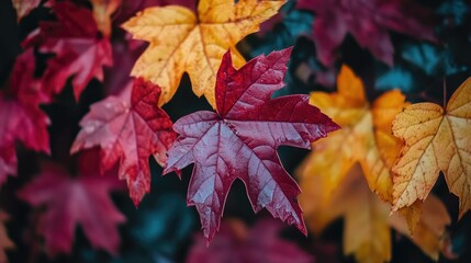 Colorful Autumn Leaves in Vibrant Close-Up Displaying Rich Textures and Shades of Red and Yellow against a Dark Background