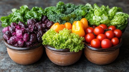 Fresh organic vegetables displayed in rustic clay pots against a neutral background highlighting vibrant colors and healthy eating concepts