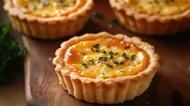 Deliciously baked mini tarts on a wooden table garnished with herbs showcasing a tempting savory dish perfect for appetizers or snacks