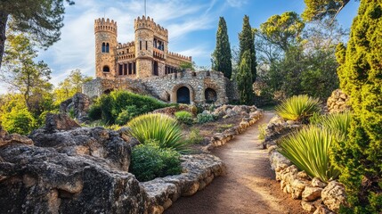 Naklejka premium Majestic Castle Surrounded by Lush Greenery and Scenic Pathway Under a Bright Blue Sky