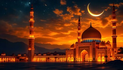 The crescent moon casts a gentle reflection on the water at sunset, celebrating the essence of Ramadan Kareem