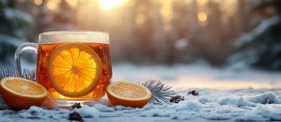Aromatic winter tea with orange slices in a serene snowy landscape at sunset.