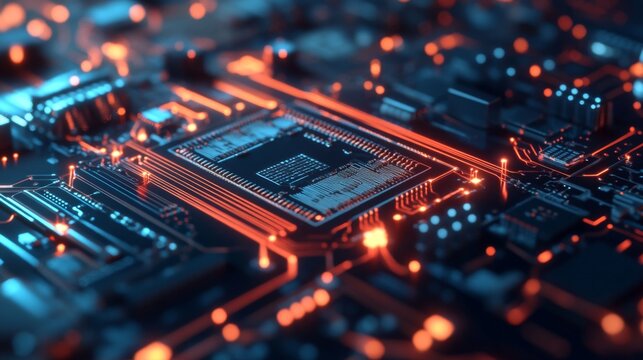 Close-up of a computer motherboard with glowing circuits and central processing unit.