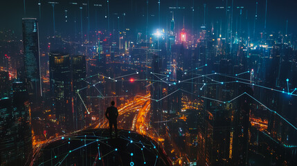 Fototapeta premium Abstract businesswoman stands on the peak of success Smart digital city with connection cyber security network reciprocity over the cityscape future wireless digital city and social media networking