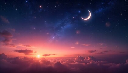Obraz premium The moon and stars emerge in a cloudy night sky, reflecting the peaceful ambiance of a Ramadan sunset