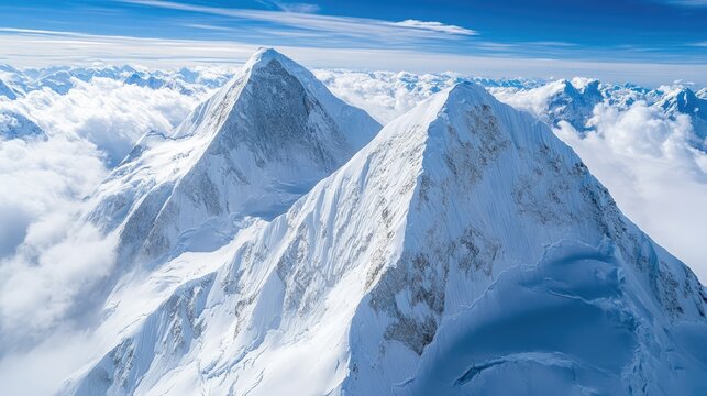 breathtaking aerial view of majestic snow-capped mountain peaks under clear blue sky with fluffy clouds in scenic landscape