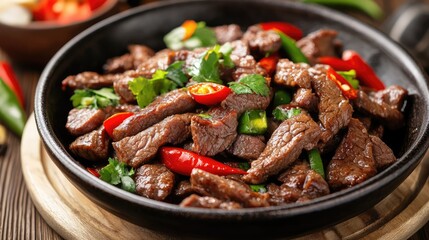 Delicious Beef Stir Fry with Vegetables Garnished with Fresh Herbs and Spicy Peppers Served in a Sizzling Black Skillet