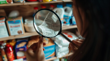 Close-up of woman examining food package label with magnifying glass, focusing on allergy details for food safety awareness.