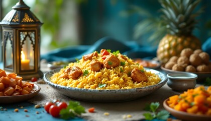 A table set with Indian rice and vegetables, representing a hearty meal for Ramadan gatherings