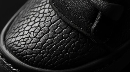 Close up of textured black leather shoe showcasing intricate details and craftsmanship against a dark background.