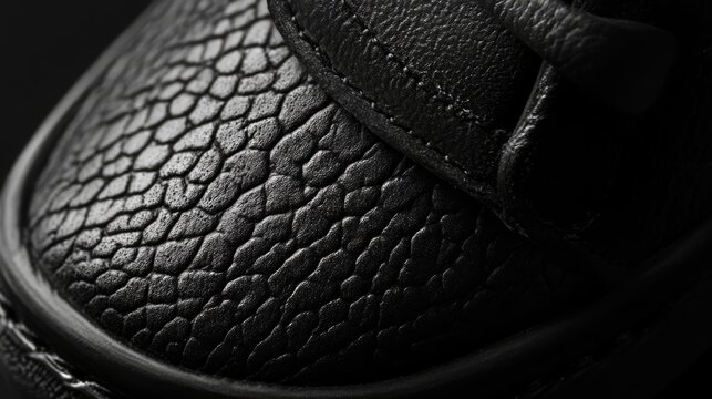 Close up of textured black leather shoe showcasing intricate details and craftsmanship against a dark background.