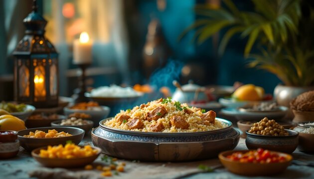 A vibrant spread of Indian rice and vegetables, beautifully arranged on a table for a festive Ramadan meal