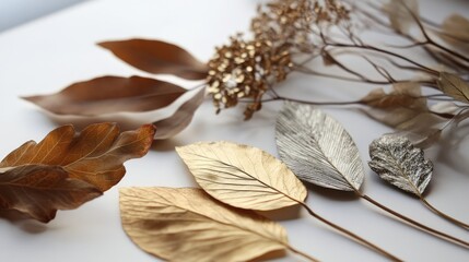 Dried botanical elements in golden and silver hues arranged artistically on a light background showcasing nature's beauty and elegance.