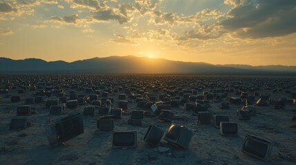 Fototapeta premium Scattered Waste in a Barren Field at Sunset