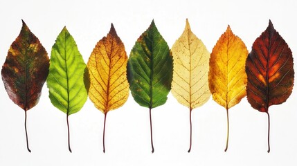 Diverse Leaves in Various Shades of Green and Autumn Colors Displaying Seasonal Change and Natural Beauty