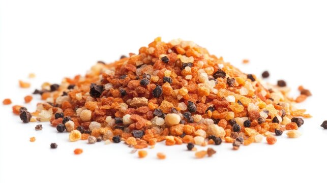 Colorful assortment of gourmet spices and seasoning granules arranged in a heap on a clean white background for culinary recipes and presentations