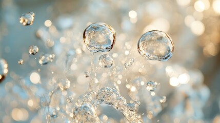 Fresh bubbles rising in clear carbonated drink with soft bokeh background creating a refreshing and vibrant atmosphere