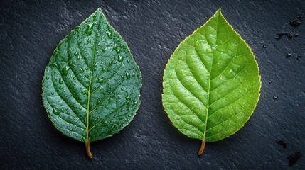 Front and back view of wet green leaves isolated on a dark background showcasing their texture and natural beauty
