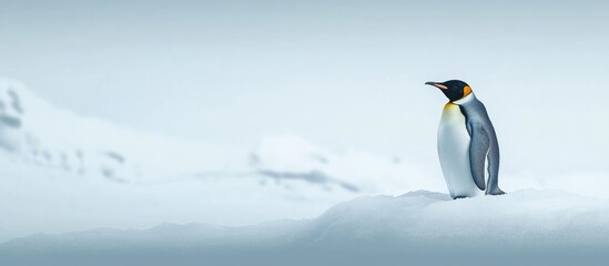 Obraz premium King penguin perched on a snowy mound with ample space for text in a serene winter landscape.