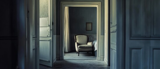Fototapeta premium Mysterious view of a vintage armchair framed by an open doorway and soft light creating an intimate and atmospheric setting