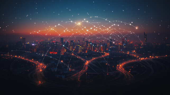 Abstract businesswoman stands on the peak of success Smart digital city with connection cyber security network reciprocity over the cityscape future wireless digital city and social media networking