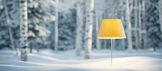 Yellow lamp glowing in snowy winter forest setting surrounded by trees creating a warm and inviting atmosphere