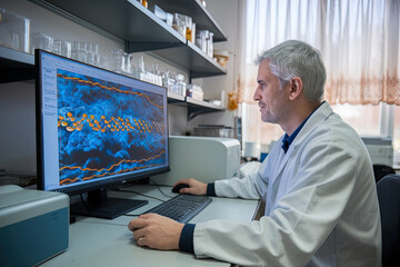 Lab technician analyzing genetic sequences on a computer screen
